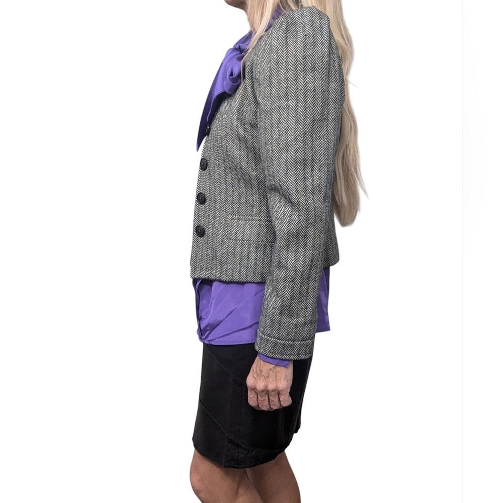 Vintage 80s Cashmere Wool Herringbone Puff Shoulder Cropped Jacket Sz 4 - Picture 3 of 15